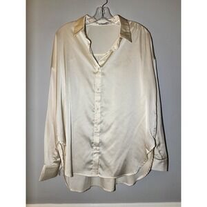 The Workshop Satin Button Down Shirt Women Cream Ivory Oversized Long Sleeve L
